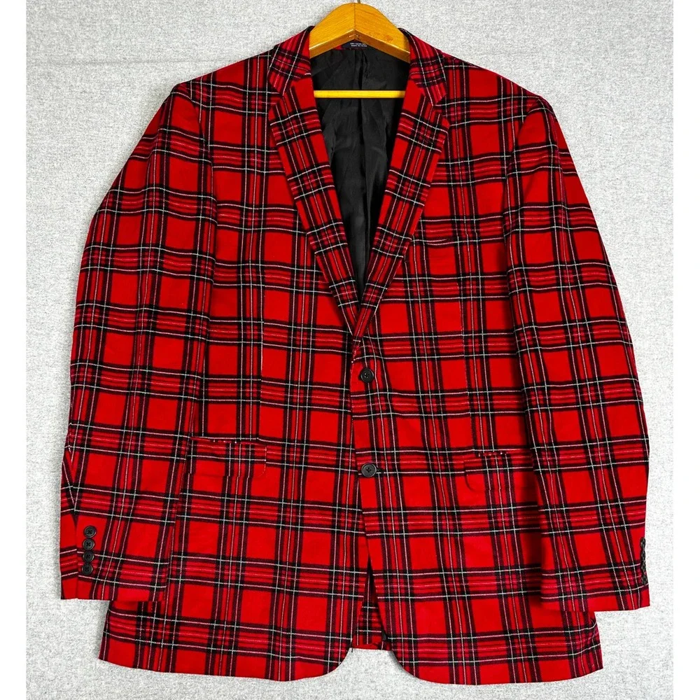 Saddlebred Sport Coat Mens 44L Red Plaid Corduroy Blazer Holiday